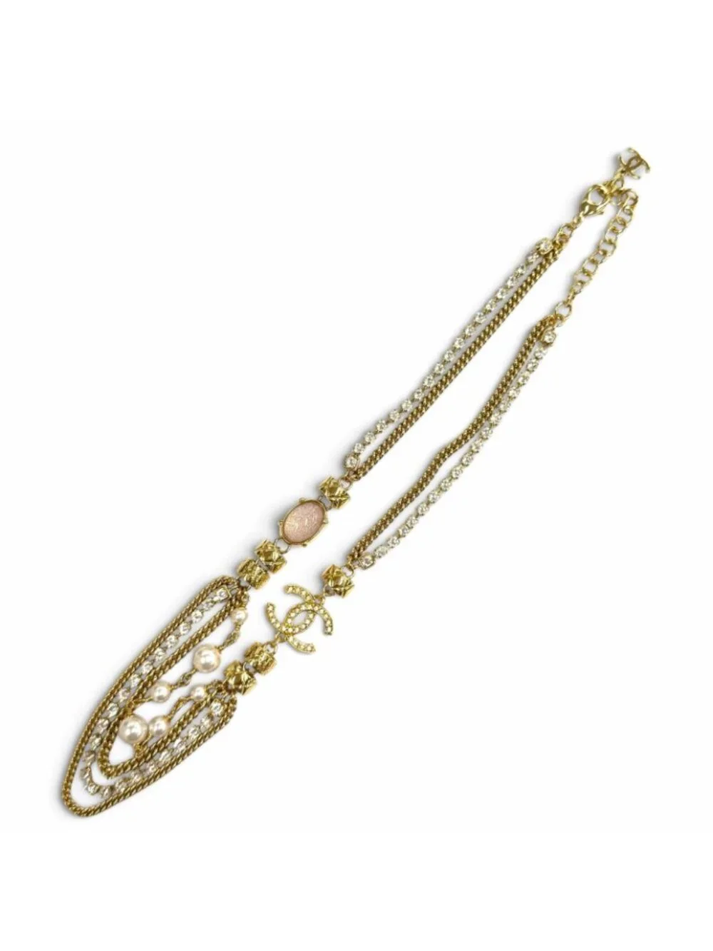 Chanel CC Logo Eco Pearl Stone Crush Chain Necklace Gold Pink White